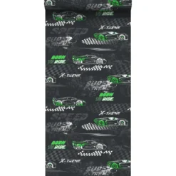 Sanders & Sanders behang race auto's groen en zwart wit - 50 x 900 cm
