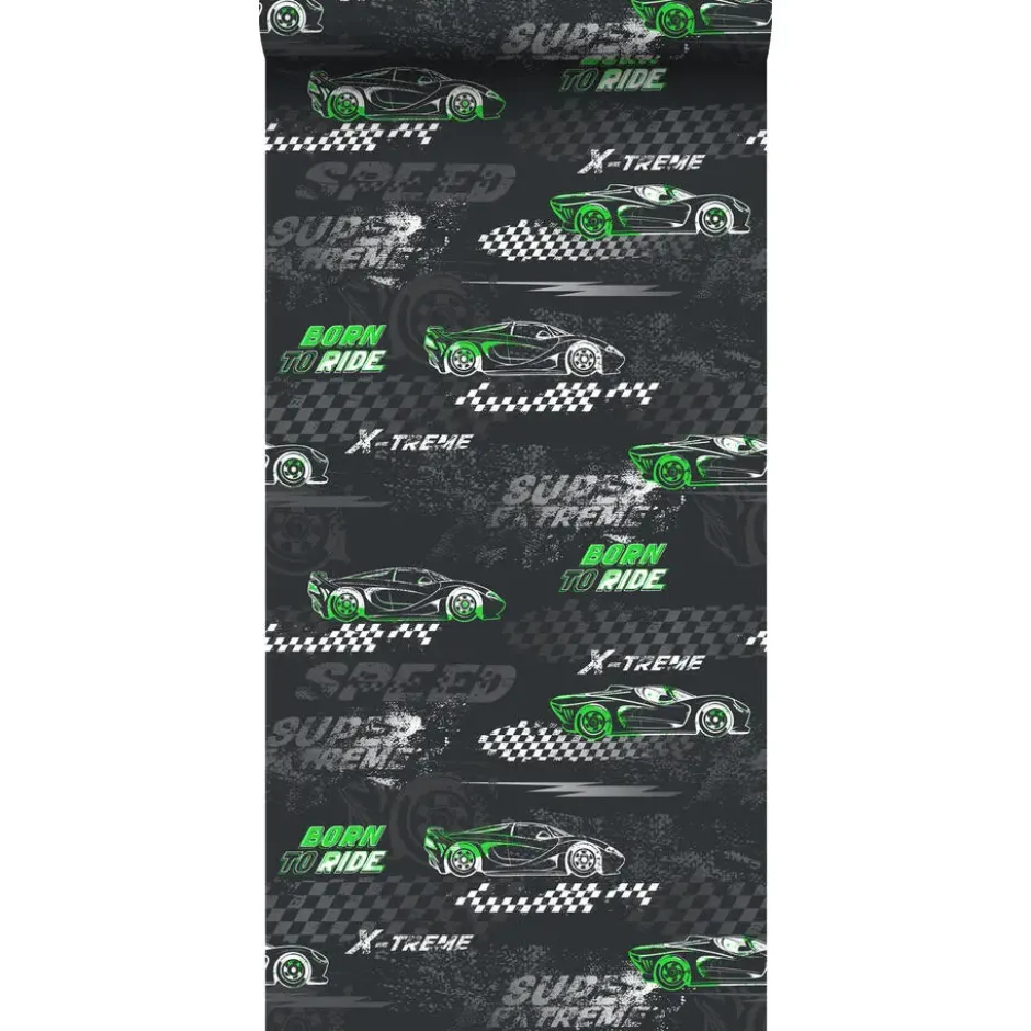 Sanders & Sanders behang race auto's groen en zwart wit - 50 x 900 cm