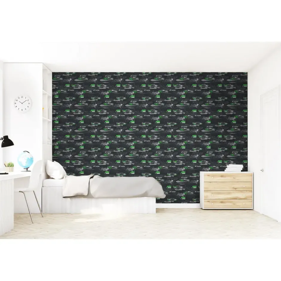 Sanders & Sanders behang race auto's groen en zwart wit - 50 x 900 cm