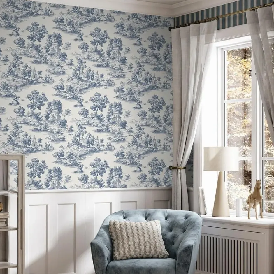 Sanders & Sanders behang toile de jouy print blauw - 53 cm x 10 m