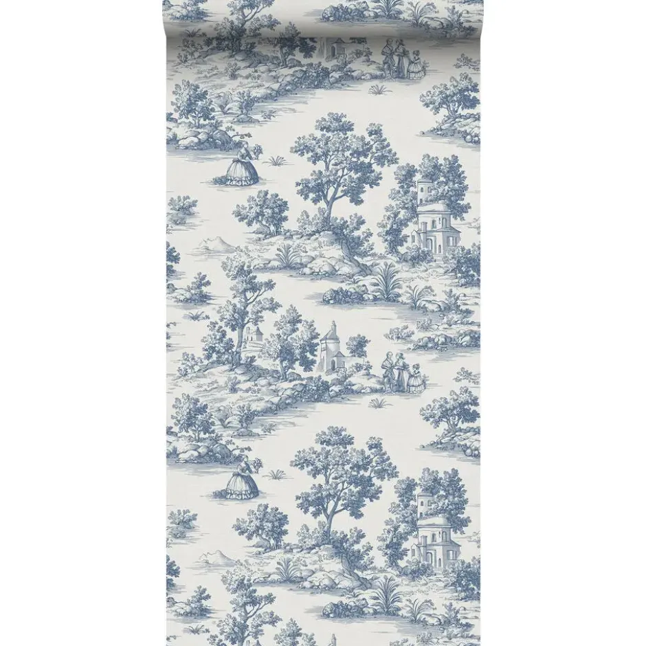 Sanders & Sanders behang toile de jouy print blauw - 53 cm x 10 m