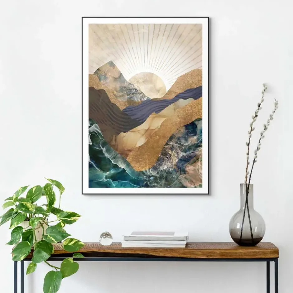 Schilderij Abstracte zonsopkomst - 70 x 50 - Blauw