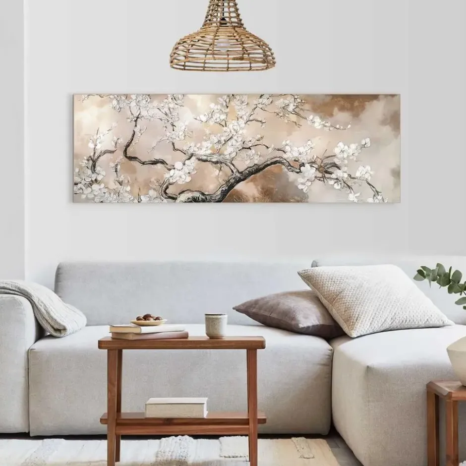 Schilderij Boom in bloei - 52 x 156 - Beige