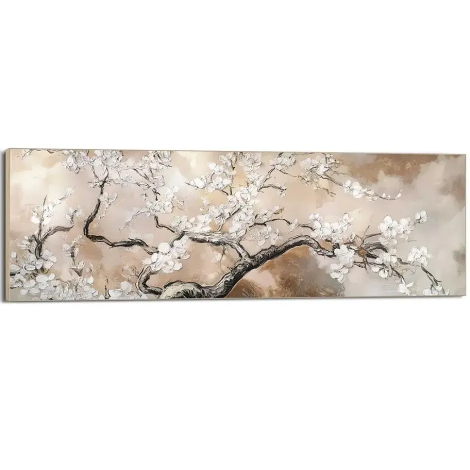 Schilderij Boom in bloei - 52 x 156 - Beige