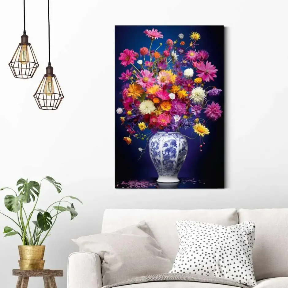 Schilderij Delft Flowers - 90 x 60 - Bont