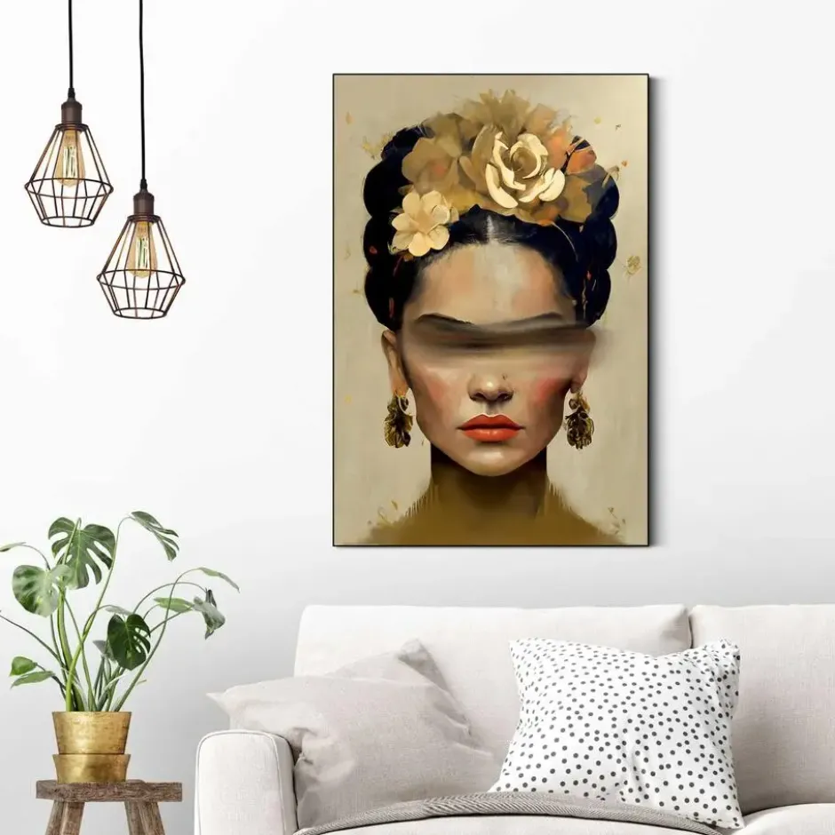 Schilderij Frida in oker - 90 x 60 - Goudkleurig