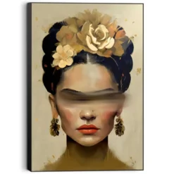 Schilderij Frida in oker - 90 x 60 - Goudkleurig
