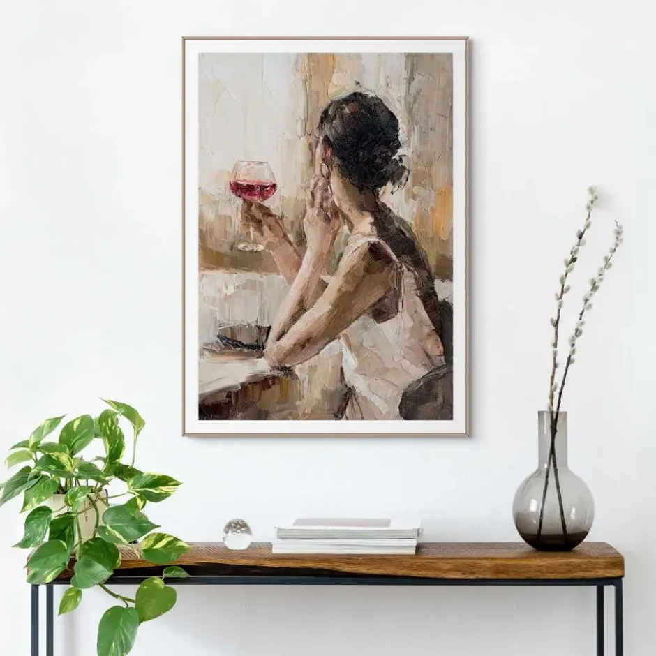 Schilderij Glas Wijn - 70 x 50 - Beige