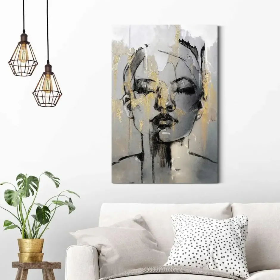 Schilderij Golden Face - 90 x 60 - Goudkleurig