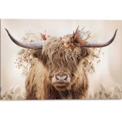 Schilderij Highlander in bloemen - 60 x 90 - Beige