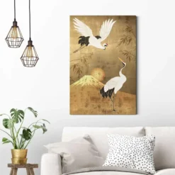Schilderij Kraanvogels - 90 x 60 - Goudkleurig