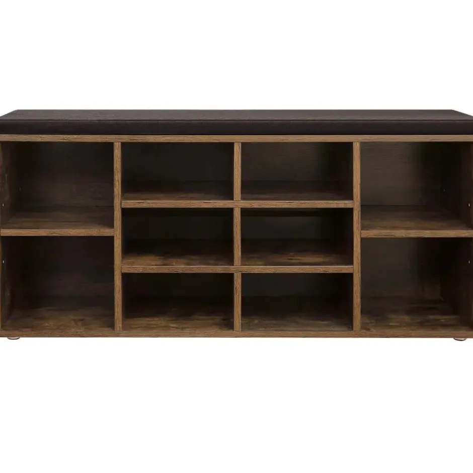 Schoenenbank - met kussen - 10 vakken - 104x48x30 cm - vintage bruin