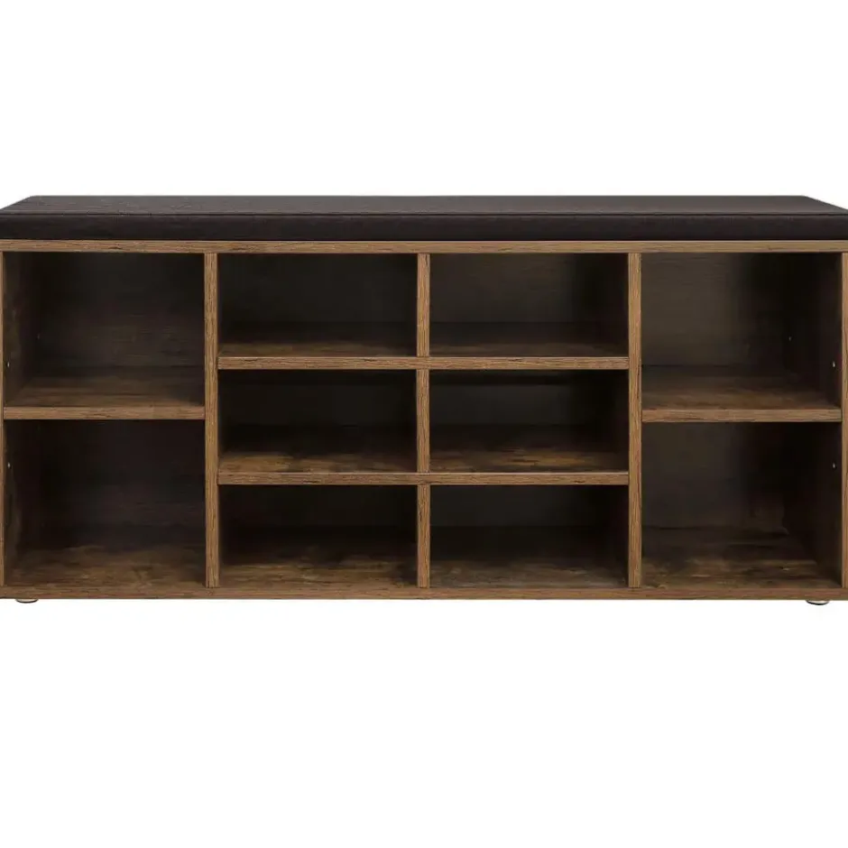 Schoenenbank - met kussen - 10 vakken - 104x48x30 cm - vintage bruin