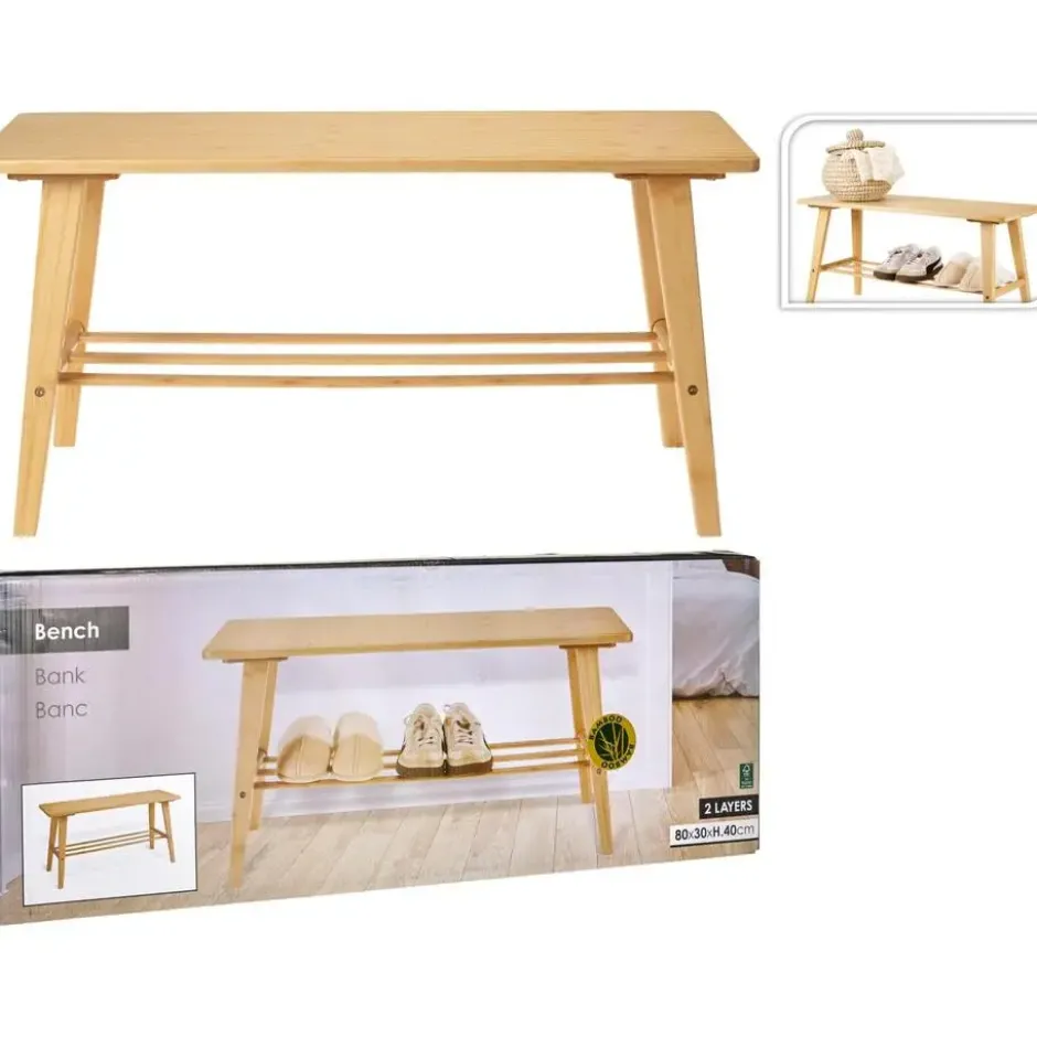 Schoenenrek bankje - 2-laags - bamboe - 80 x 30 x 40 cm
