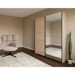 Schuifdeurkast Bergamo - eikenkleur/spiegel - 221x178,5x66,6 cm