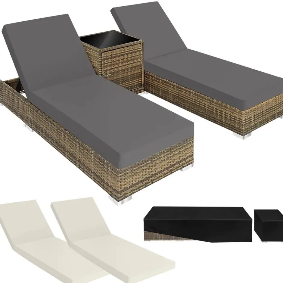 Set van 2 Aluminium Rotan Ligstoelen - Natuur - Inclusief Bijzettafel Hoes