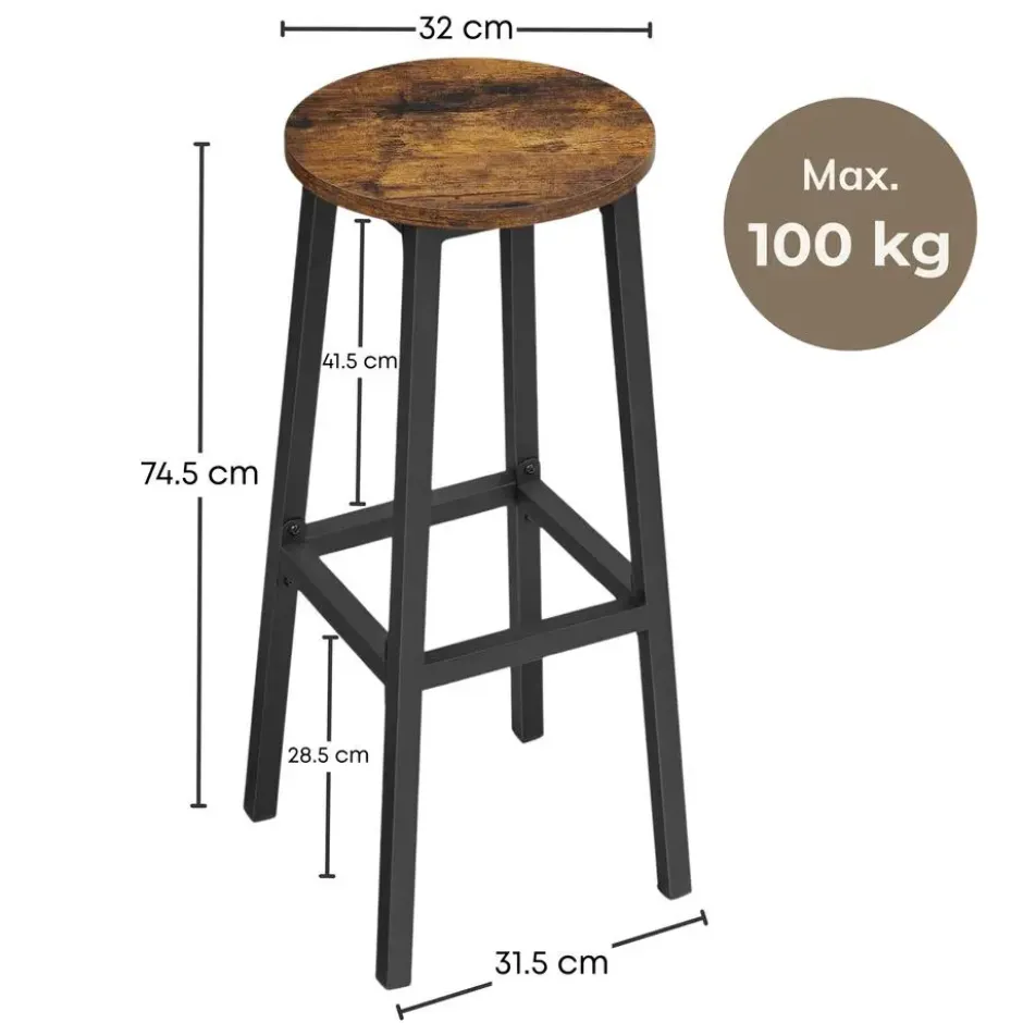 Set van 2 Barkrukken - met stabiel stalen frame, hoogte 75 cm -Bruin-zwart