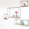 Set van 4 rechthoekige metalen wandrekjes met houten plankje - Zwart