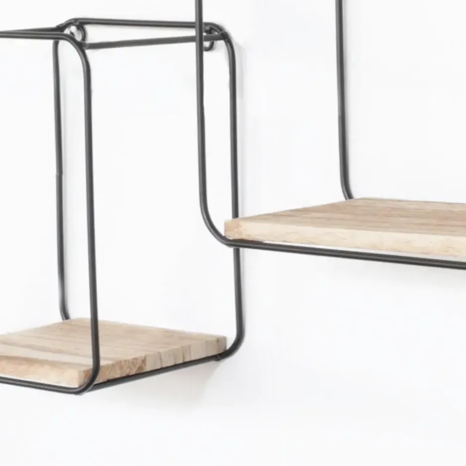 Set van 4 rechthoekige metalen wandrekjes met houten plankje - Zwart