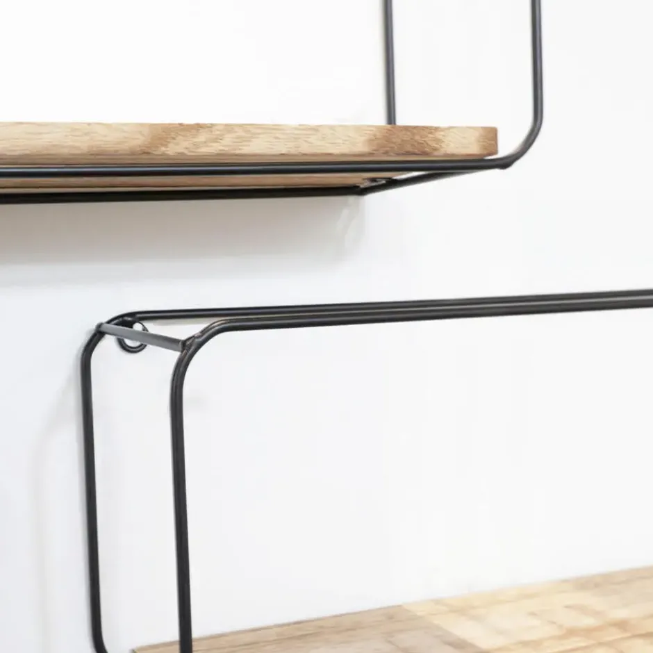 Set van 4 rechthoekige metalen wandrekjes met houten plankje - Zwart