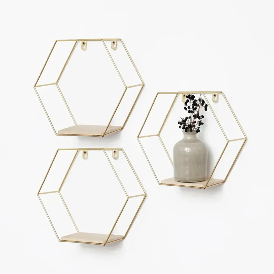 Set van 3 zeshoekige metalen wandrekjes met houten plankje - Goud