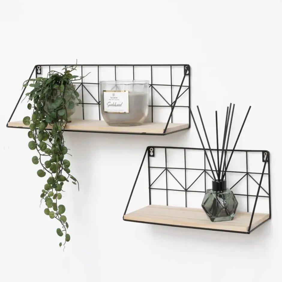 Set van 2 zwarte metalen wandrekjes met houten plankje - 30 en 45 cm
