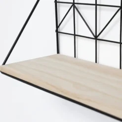 Set van 2 zwarte metalen wandrekjes met houten plankje - 30 en 45 cm