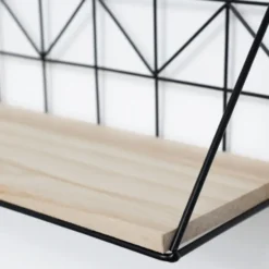 Set van 2 zwarte metalen wandrekjes met houten plankje - 30 en 45 cm