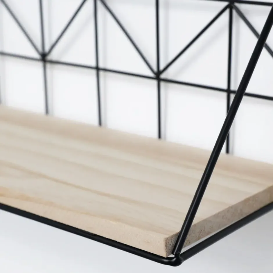 Set van 2 zwarte metalen wandrekjes met houten plankje - 30 en 45 cm