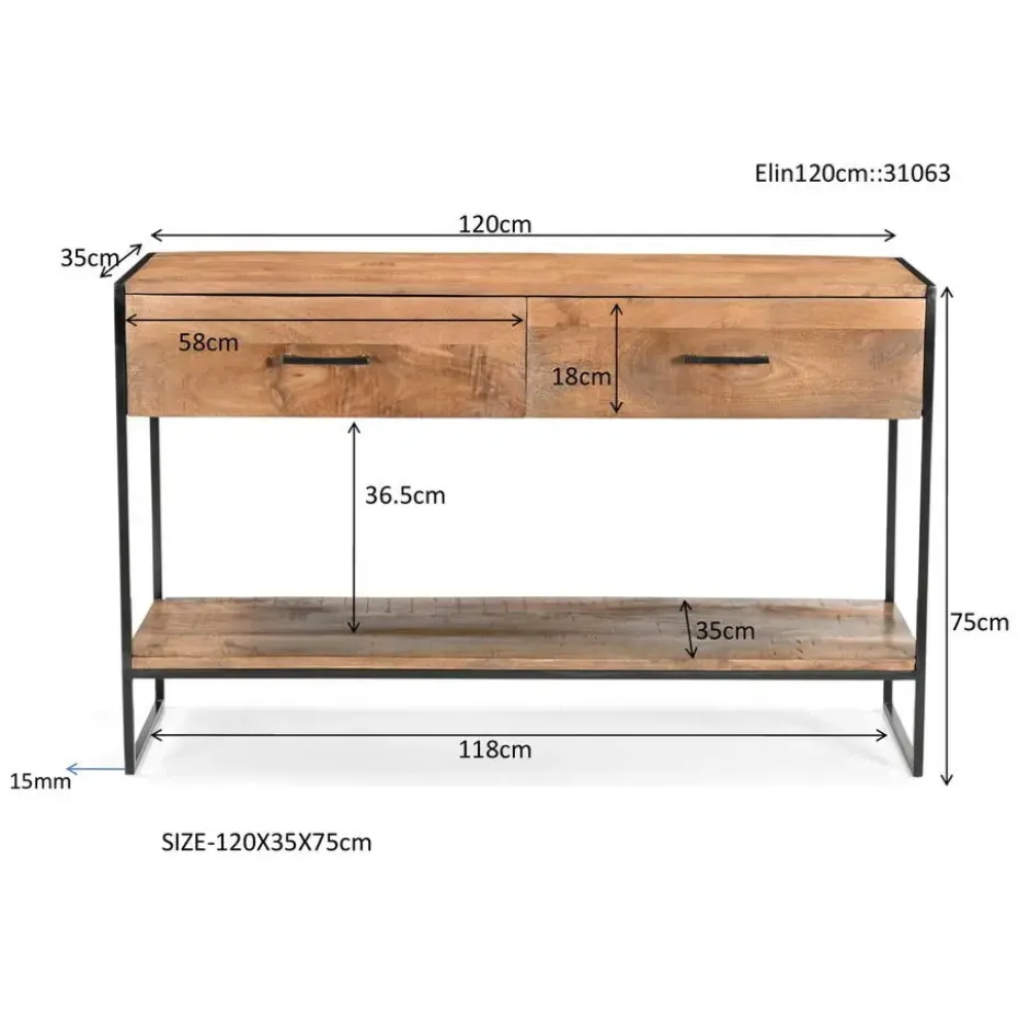 Sidetable Naturel Mangohout - Metaal - 120x35x75cm - Elin