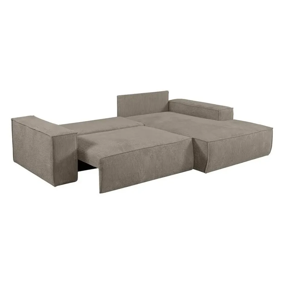 Slaapbank AMELIA - 4 plaatsen - Taupe Fluweel Stof Rechte hoek