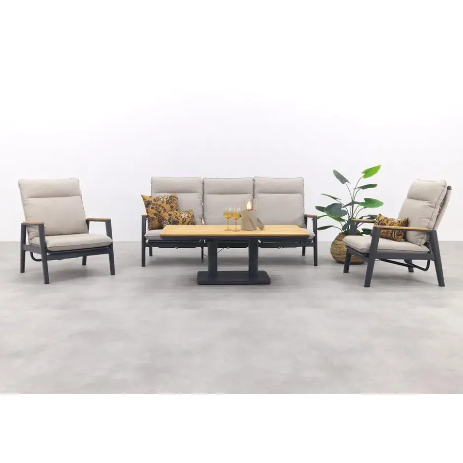 Solaro/Medina up&down verstelbare (5-pers.) stoel-bank loungeset - Zand / Teak