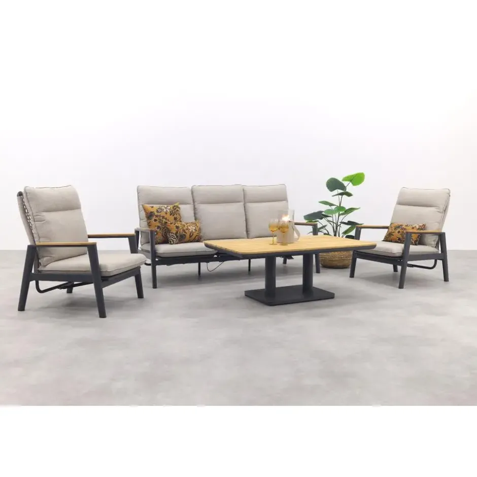 Solaro/Medina up&down verstelbare (5-pers.) stoel-bank loungeset - Zand / Teak