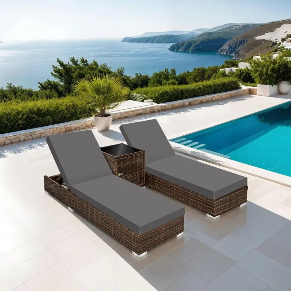 tectake aluminium rotan ligstoelen set - bruin - bijzettafel met opbergruimte