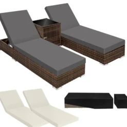 tectake aluminium rotan ligstoelen set - bruin - bijzettafel met opbergruimte