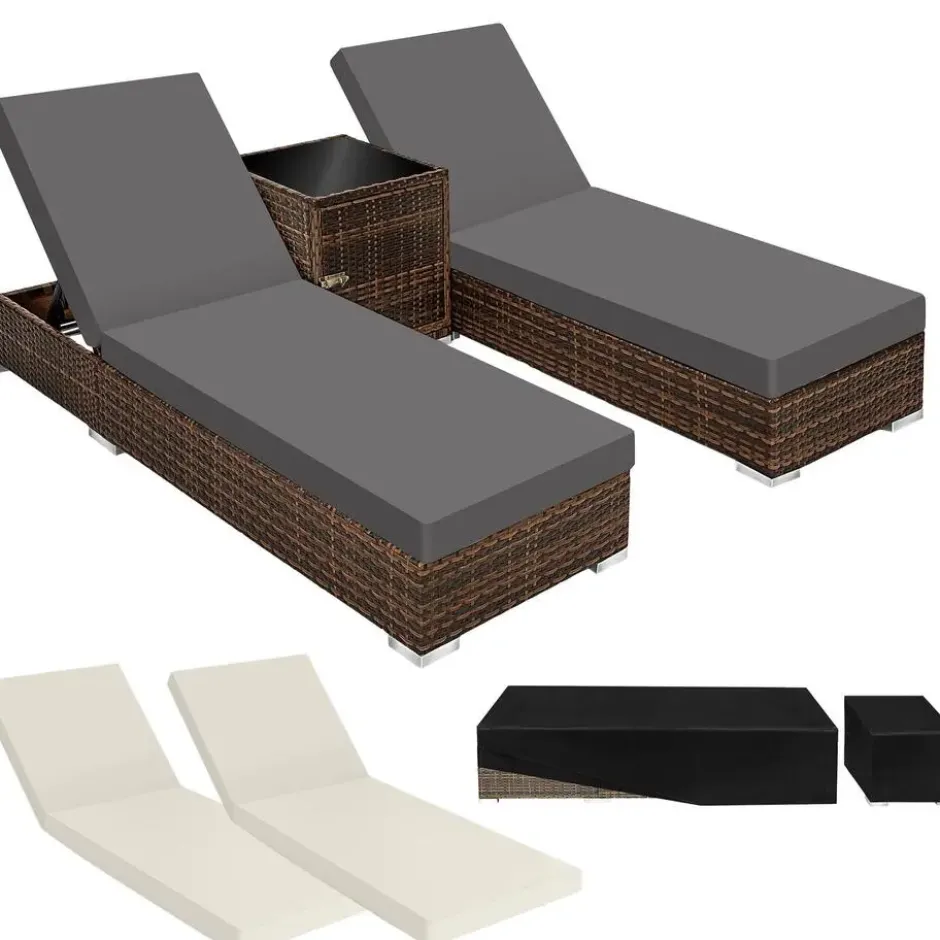 tectake aluminium rotan ligstoelen set - bruin - bijzettafel met opbergruimte