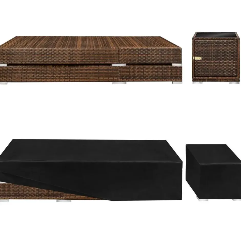 tectake aluminium rotan ligstoelen set - bruin - bijzettafel met opbergruimte