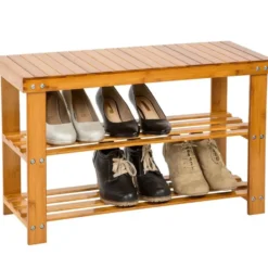 tectake Bamboe schoenenbank met 2 niveaus en bank 70x28x45,5cm, Bruin