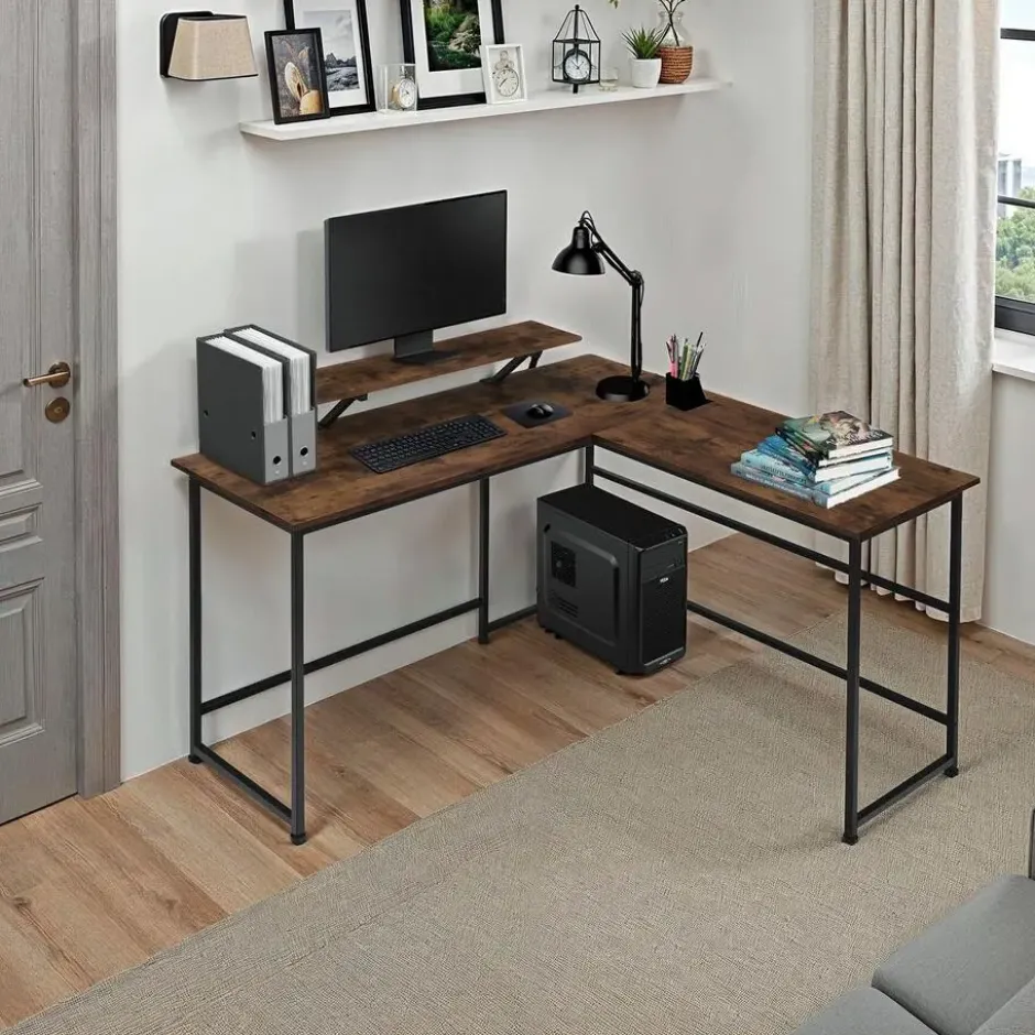 tectake Bureau Melrose 140x130x76,5cm, Industrieel Hout Donker, Rustiek