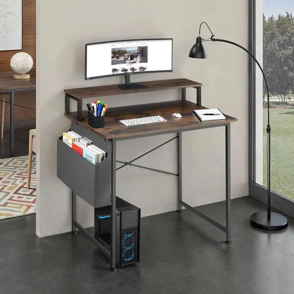 tectake Bureau met plank en organizer, Industrieel Hout Donker, Rustiek