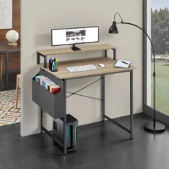 tectake Bureau met plank en organizer, Industrieel Licht Hout, Eiken Sonoma