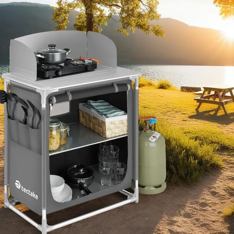 tectake - Campingkeuken 76x53,5x107cm, Grijs