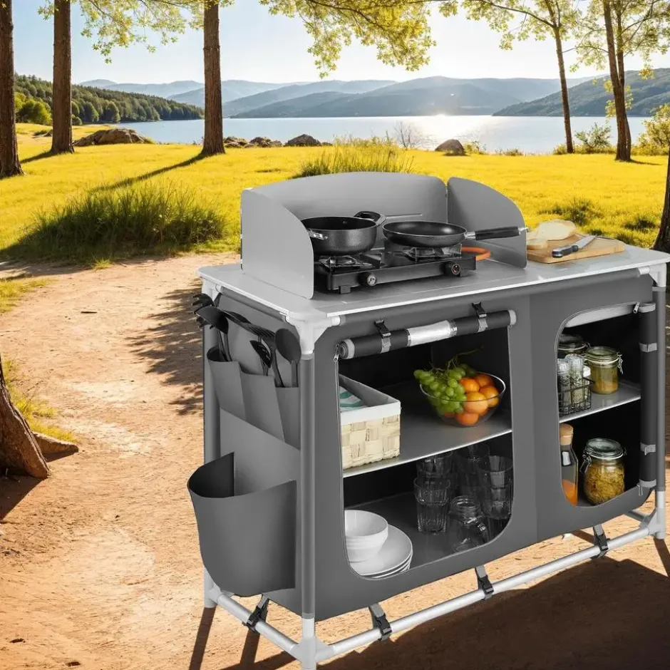 tectake - Campingkeuken 116x52x107cm, Grijs