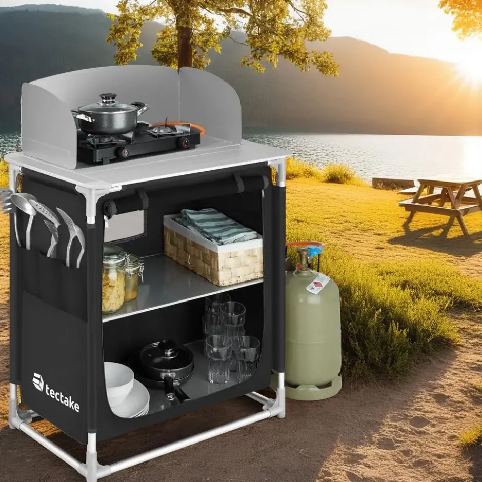 tectake - Campingkeuken 76x53,5x107cm, Zwart
