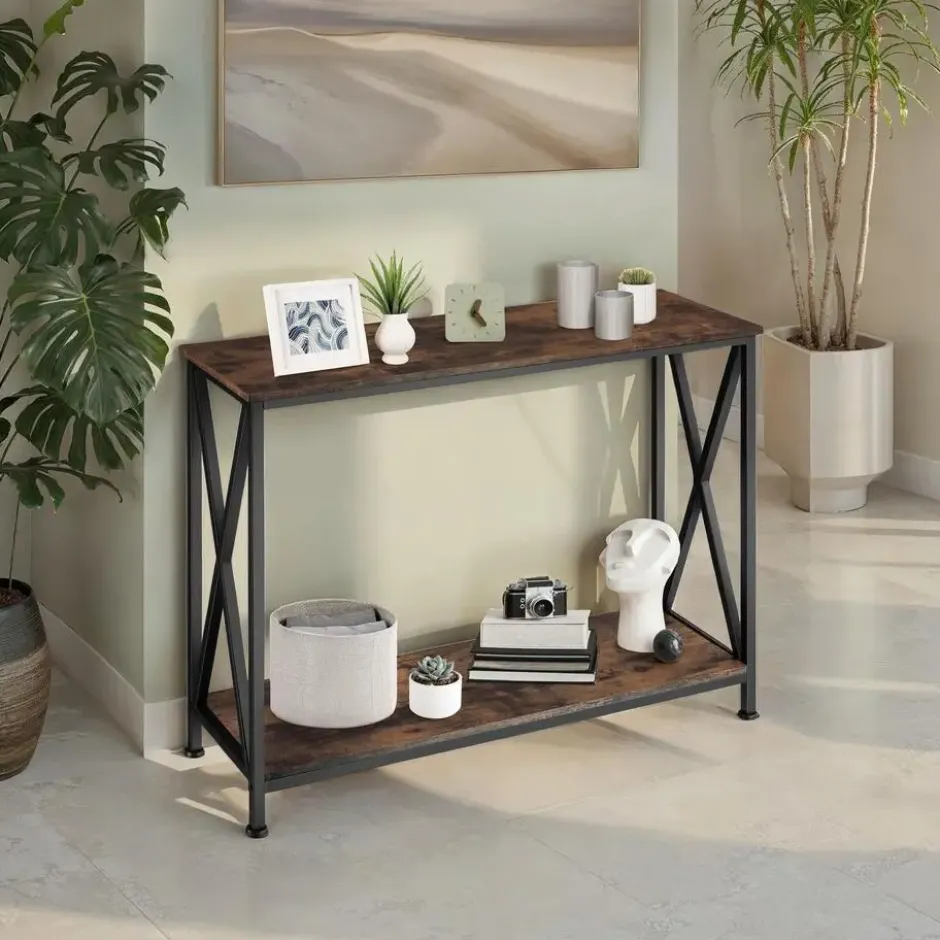 tectake Consoletafel Tacoma 100x35x80,5cm, Industrieel Hout Donker, Rustiek