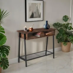 tectake Consoletafel Tralee 100x35x80,5cm, Industrieel Hout Donker, Rustiek