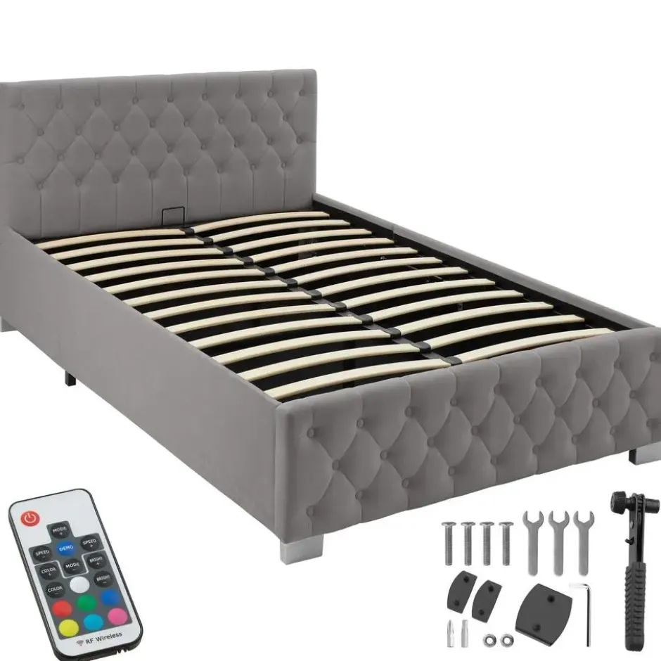 tectake Gestoffeerd bed met LED & opbergruimte, 120 x 200 cm, Donkergrijs