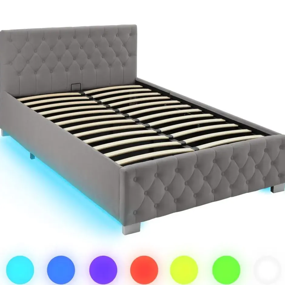 tectake Gestoffeerd bed met LED & opbergruimte, 120 x 200 cm, Donkergrijs