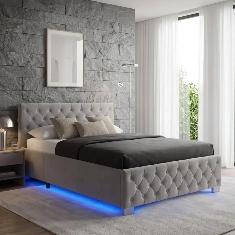 tectake Gestoffeerd bed met LED & opbergruimte, 120 x 200 cm, Donkergrijs