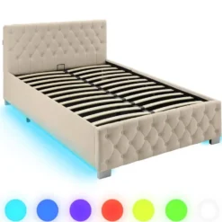 tectake Gestoffeerd bed met LED & opbergruimte, 120 x 200 cm, Fluweellook Zand